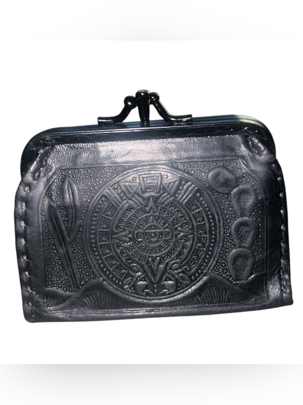 Women’s Black Kiss Lock Embossed Leather Coin Pouch Classic Aztec